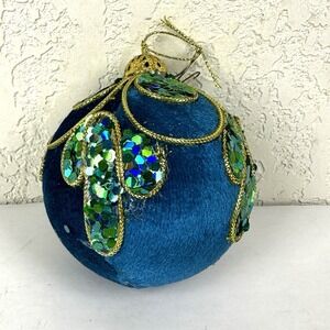 Vintage Christmas Ornament Handmade Sequined Beautiful Blue Velvet
